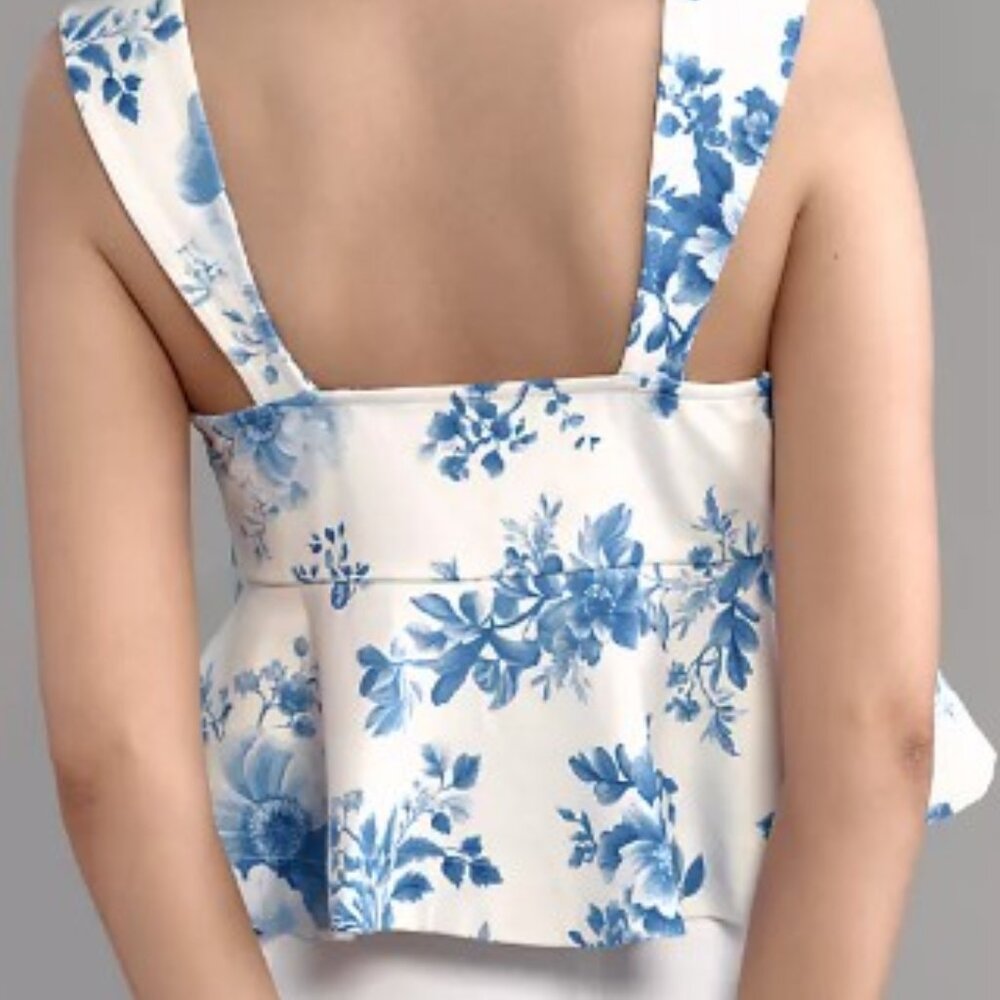 🏷️ NWT - ANTHROPOLOGIE Maeve Blue Floral Square-Neck Peplum Tank Top in Sz LARGE - Picture 4 of 7